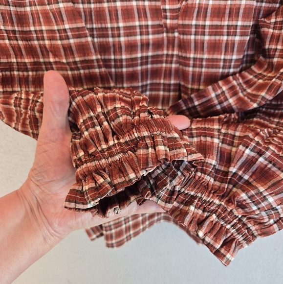 Tresure & Bond Womens Pull Over Top Sz L Rust Plaid Ballon Sleeves Relaxed Fit - Picture 7 of 11